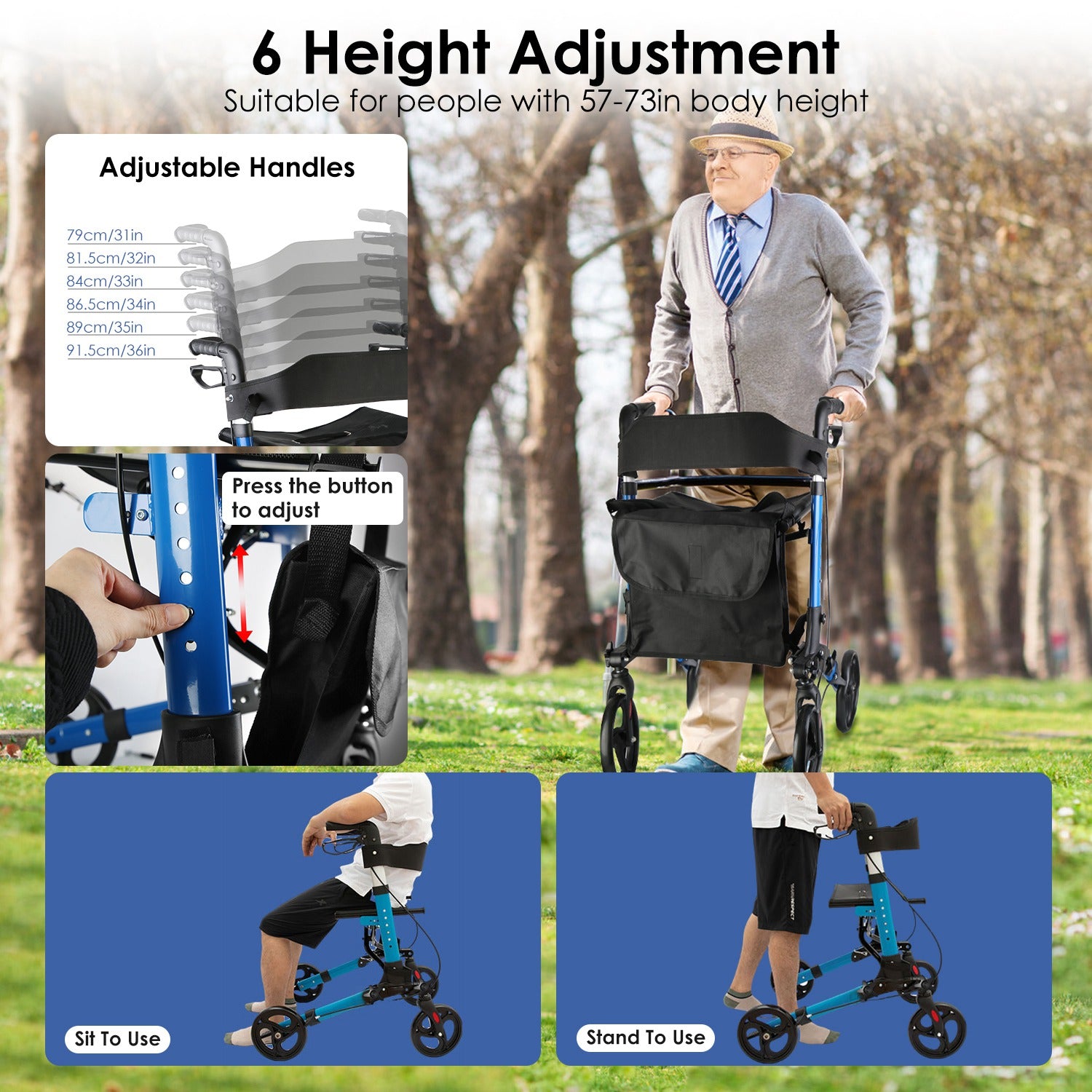 OrthoMotion Essential Foldable Rollator Walker with Padded Seat